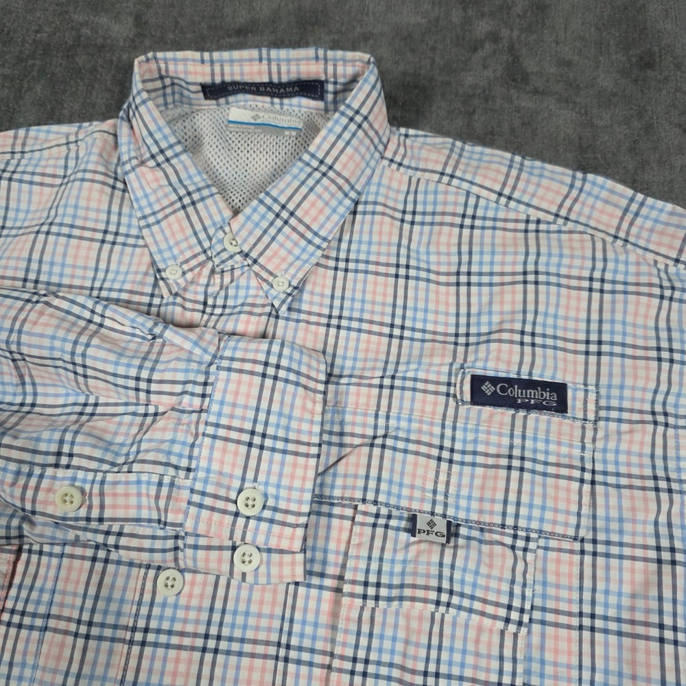 Columbia PFG Super Bahama Plaid Fishing Shirt Mens Medium Blue Pink Long Sleeve